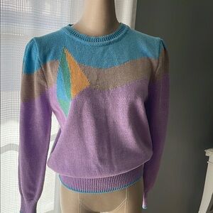 Purple and Blue Crew Neck Sweater with Geometric Design